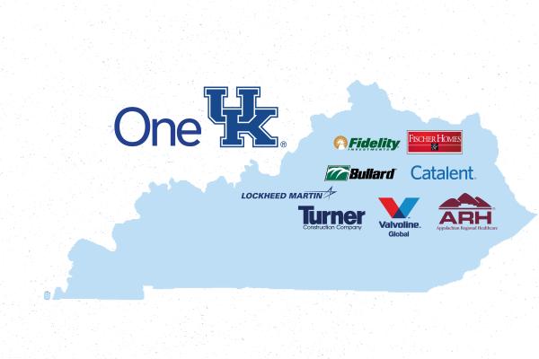 Map of Kentucky with OneUK partner logos placed throughout the map